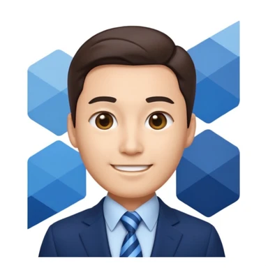Korean businessman emoji in navy suit and blue tie, confident smile, blue and white geometric striped background, expressing digital innovation and professionalism sticker
