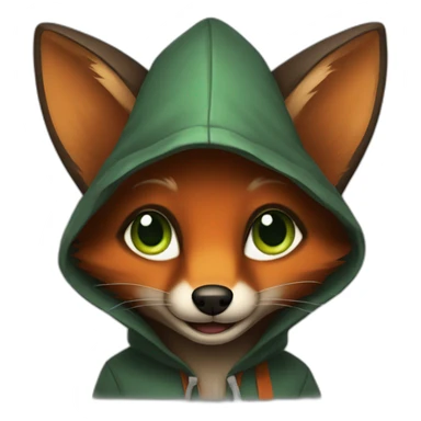 small dark brown fox with orange eyes and a dark green hood that smile sticker