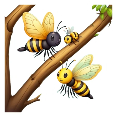 butterfly and bee sitting on a tree branch in a forest, cute and friendly sticker