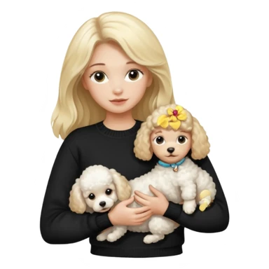 blonde girl with long hair in a black sweater holds a Poodle puppy in her arms sticker