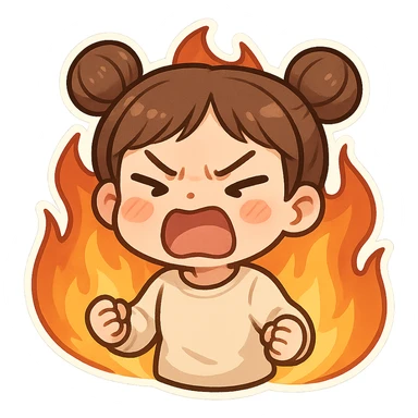 chibi sticker of a girl with double bun hairstyle, same face and clothes as before, screaming angrily, surrounded by flames, furious expression sticker