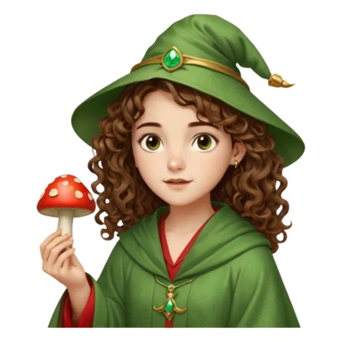 very beautiful italian girl, hazelnut brown eyes, looking like Emma Watson, with curly and big volume very bright brown hair, and a golden piercing ring in nose on left side, dressed in a beautiful wizard robe of green colors, holding red fly mushroom sticker