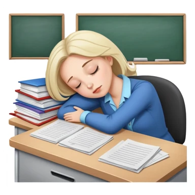Exhausted female teacher napping at classroom desk with papers sticker
