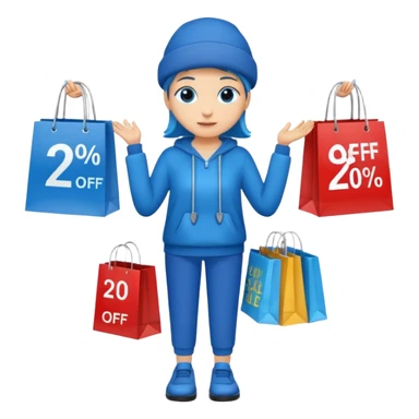 Person who is waiting the sale promotion with 20% off sign, wearing blue outfit and hanging some shopping bags sticker