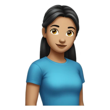 A 11 years old girl with long black hair tied back in a pony tail wearing a blue t shirt sticker