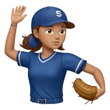 Softball pitcher pitching the ball from side view with brown hair and dark blue jersey and no hat and a face guard sticker