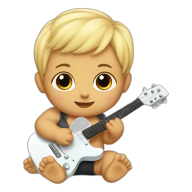 a 1-year-old baby, blond and with little hair, in diapers, playing a mini guitar sticker