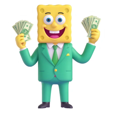 SpongeBob dressed in a green suit, clutching dollar bills, big smile sticker