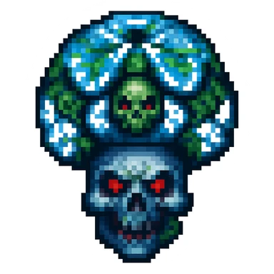 Make the toxic mushroom with skull pattern look scarier by adding glowing red eyes or sinister features. Keep the pixel art style and no background. sticker