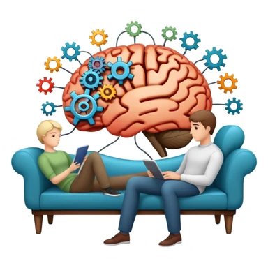 An icon featuring a brain with gears, a mind map, and a therapy couch, symbolizing psychology. The design includes a set of mental health tools and a silhouette of a person in deep thought, representing understanding the human mind. Transparent background sticker