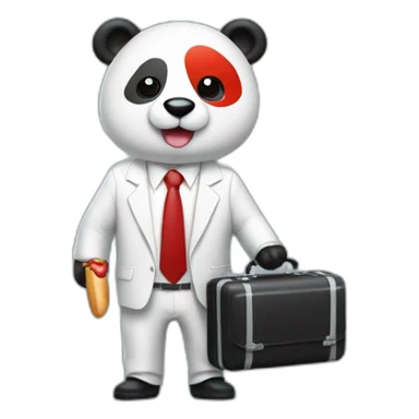 A professor with white suit and red tie and a panda face eating a hotdog and holding a black suitcase sticker