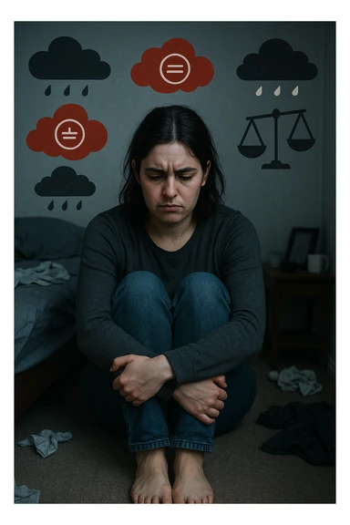 Donna tra i 25 e i 35 anni seduta da sola in una stanza, con lo sguardo basso e un’espressione di frustrazione e stanchezza. Sul volto si notano peli visibili sul mento e sopra il labbro, simbolo di irsutismo. Intorno a lei, l’ambiente appare disordinato, con luci fredde e atmosfera pesante. In trasparenza, simboli stilizzati di sbalzi d’umore (nuvole scure e rosse alternate a simboli di calma), e una bilancia emotiva sbilanciata. Le mani stringono le gambe, in gesto di disagio fisico ed emotivo. Colori cupi con accenti contrastanti. Stile realistico con elementi simbolici sticker