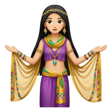 Mujer joven, morena, 
Negro, largo y brillante, suele ir cubierto parcialmente por un velo o pañuelo oriental.inspiración árabe: túnica colorida , con detalles dorados o lentejuelas; brazaletes y pendientes.cuerpo entero sticker