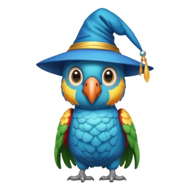 A cyan parrot with a wizard's hat sticker