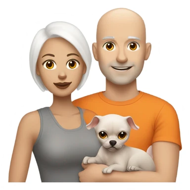 White bald man is holding a grey small sphinx cat and woman with dark straight hair is holding orange Pomeranian dog sticker