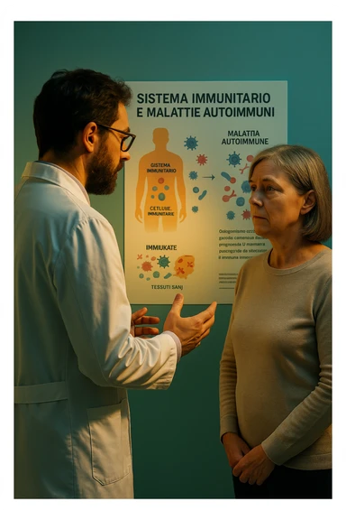 Foto tutta in italiano Realistic, detailed photo taken from behind of one doctor e un paziente —a bearded man and a middle-aged woman—standing and facing each other as they discuss an autoimmune disease diagnosis in front of a medical chart that displays information about the immune system and autoimmune conditions. The scene is illuminated by a yellowish, orange, warm light that softly envelops the doctors. The entire room is bathed in a single green-blue color, creating a cohesive and modern atmosphere. Both doctors wear white coats, and their body language suggests a serious, professional conversation about the complexities of autoimmune diseases. Shot with a Canon EOS R5, with high detail and natural depth of field. scritto in italiano sticker