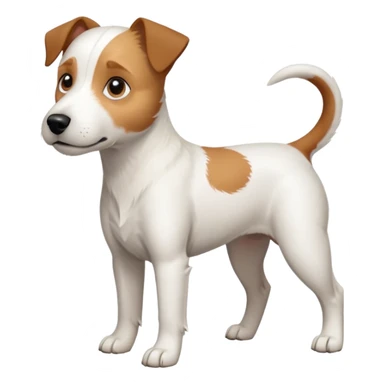 a full body slightly chubby white parson russell terrier looking dog the size of a kelpie with light brown long ears and a light brown patch on one eye and a large snout sticker