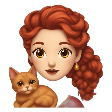 a Tatar woman of slightly swarthy skin with reddish hair up to the waist holds a fluffy red cat sticker