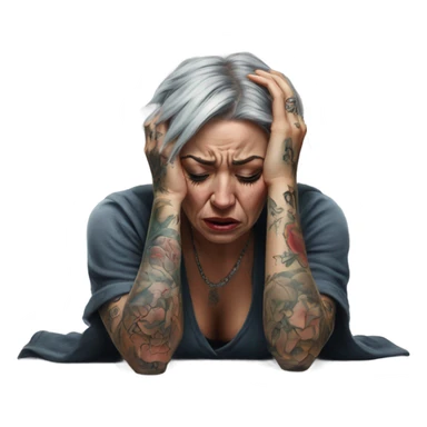 Hyper Realistic Beautiful tattooed woman crying sadly on the floor  sticker