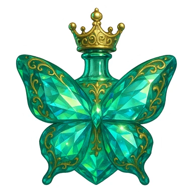 very close to original: crystal elegant butterfly-shaped bottle with short neck, princess crown, green and blue colors, many glowing facets, ornaments, golden details, transparent background, bottle clearly floating in air with no base or shadow sticker