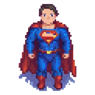Superman standing heroically with cape flowing, pixel art style, simplified details, retro video game look sticker