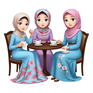 Turkish beautiful finish Konya girls blue eyes with Beautiful blossom floral hijab long tail dress and the two friends in a white lovely coffeehouse sits on the chair on the ground and holds cup coffe with her hand  sticker