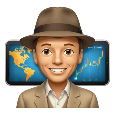 Frank Sinatra with the hat on, smiling and showing data analytics on a screen in the background sticker
