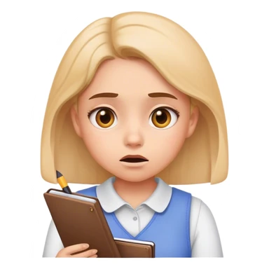 muslim girl writing in notebook with difficulty, with confusion, emoji question sticker