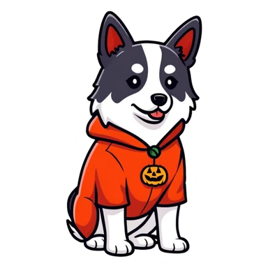 Dog wearing a red Halloween  sticker