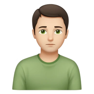 Gentle man, European facial features, short dark brown hair, green eyes, light green shirt. Seated calmly, gazing thoughtfully. Soft light, subtle fern. Waist-up, profile. sticker