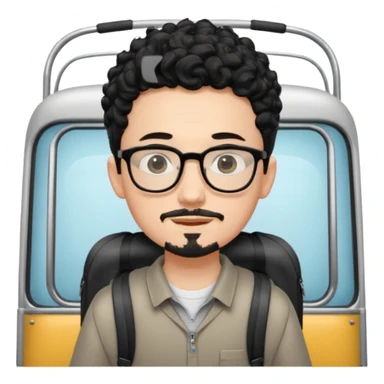 A young boy DEVELOPER WITH A backpack, black curly short hair, wearing glasses, a thin goatee, his skin is white, riding a scholar bus sticker
