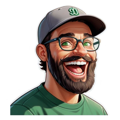 A man with a grey baseball cap, green eyes, big dark brown beard and glasses, laughing sticker
