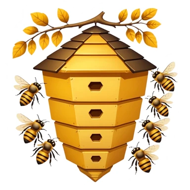 A small hive nestled between tree branches with worker bees. sticker