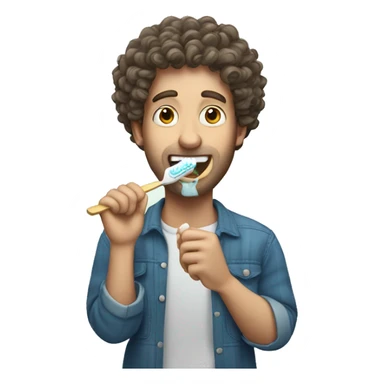 White man with curly hair brushing his teeth sticker
