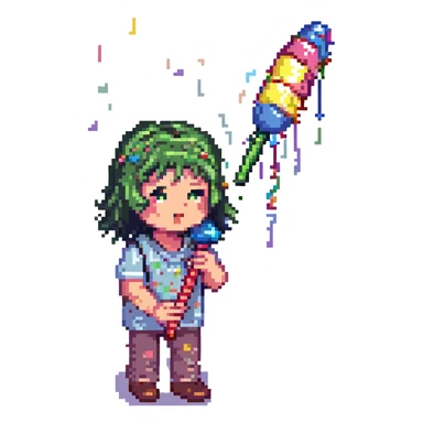 a pixel art noob with a party blower, surrounded by confetti but looking lost and forsaken sticker