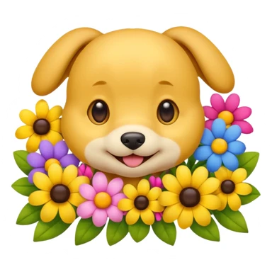 Cute smile face emoji with puppy dog eyes holding its cheeks and a bunch of flowers around it sticker