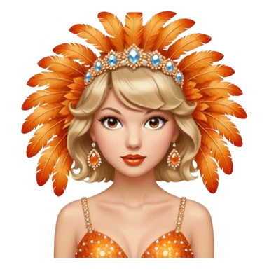 Taylor Swift wearing a vintage showgirl outfit with orange sparkles and feathers and a headdress sticker