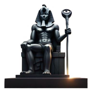 Osiris crook and flail obsidian statue on granite 30 ton brick, massive size, sunlight behind, sunset colors, reflections on black stone polished clean perfect, photography angles sticker