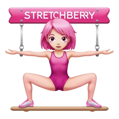 A girl with pink hair is sitting on a gymnastic splits, behind the sign is the inscription "STRETCHBERRY" sticker