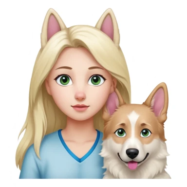White European young woman with blue-green eyes and long blond hair with her white German Shepherd dog,the Dog has a pink nose and short fur  and Brown eyes sticker