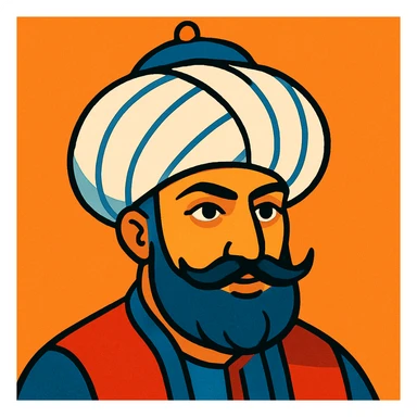 stylized illustration of Sultan Murad IV's head, Ottoman sultan, wearing a traditional turban and mustache, bold lines, vibrant colors sticker