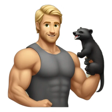 muscled caucasian man holding a honey badger sticker