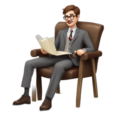 Joyful Celebrating victory Pale skinned Fit Man With dark brown hair in gray jacket, beige office shirt, Brown pants and vintage glasses sitting In a soft chair with a notebook and a pen sticker