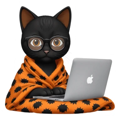 A black female cat working on a MacBook, with long, black straight lashes, round glasses and she wears a blanket with an orange pattern sticker