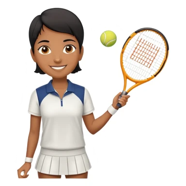 Chindian tennis coach, caramel brown, short straight hair, oval face, small eyes, big smile, wearing tennis outfit sticker
