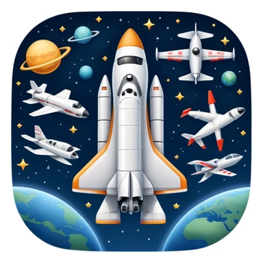 An icon featuring a space shuttle, a drone, and an airplane against a starry sky, symbolizing aerospace technology. The design includes rocket boosters and satellite orbits, representing the exploration of space and advanced aviation. Transparent background sticker