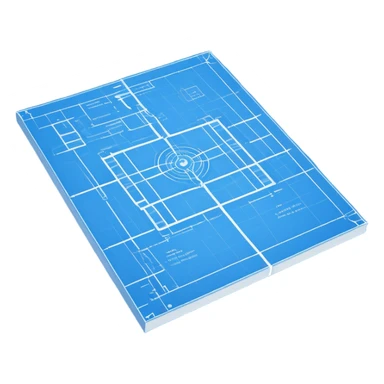 blue blueprint plan with white lines, perspective view showing both side and top sticker