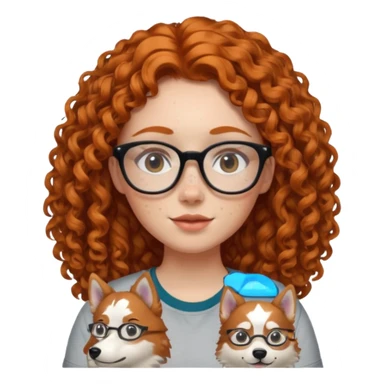 make a ginger girl with freckles and glasess. make her hair curly and she has a husky on her shirt sticker