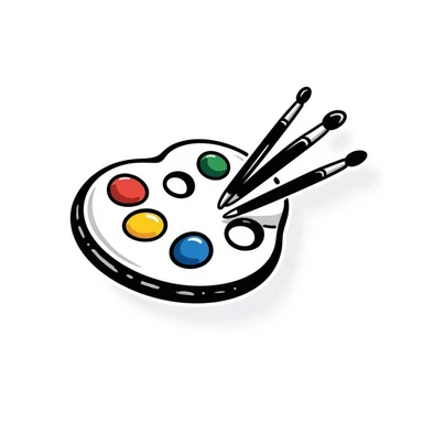 Detailed artist's palette with colorful paint blobs, palette holes, and paintbrushes. Sticker-like appearance with detailed doodle style and transparent background. sticker