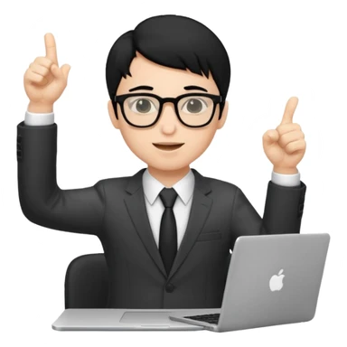 un estudiante con lentes y su laptop CON TERNO Y CABELLO NEGRO,  LEVANTANDO LAS MANOS DANDO LIKE sticker